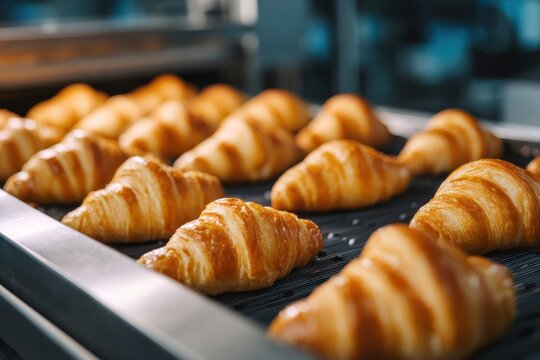 French croissants are transported on a conveyor after baking showcasing innovative technology in food production