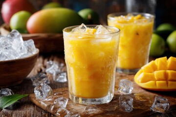 Fototapeta premium Detailed backdrop of a mango beverage with ice on a wooden table featuring fruit and an ice bowl with a window in the background Frontal view Horizontal layout