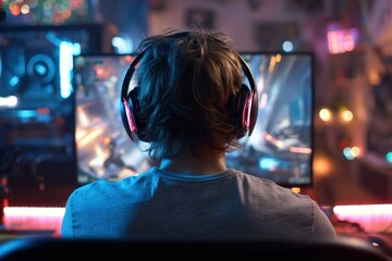 Youthful gamer with headphones plays first person shooter on PC Live streaming or esports event Desk lit by RGB lights Home gaming scene Rear perspective