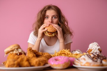 Concept of binge eating disorder featuring a woman consuming fast food sweets and desserts