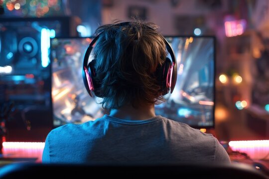 Youthful gamer with headphones plays first person shooter on PC Live streaming or esports event Desk lit by RGB lights Home gaming scene Rear perspective - Powered by Adobe