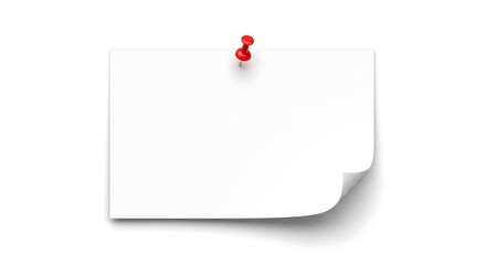 A blank white rectangular note with a curled corner is pinned to a surface with a red pushpin. Isolated on white with a drop shadow.