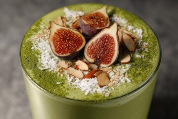 Almond milk smoothie with banana fig and vanilla topped with Matcha coconut milk and garnished with shredded coconut dried fig and crushed almonds