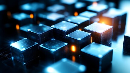 Glowing Data Cubes Network, Futuristic Server Room