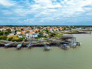 Fishing huts over Randonnee entre Histoire et Nature from a drone, Fouras, Fouras-les-Bains,...