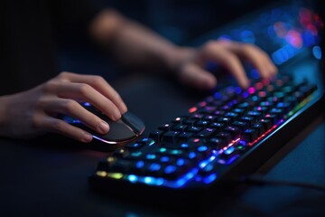 Zoomed in view of a professional gamer s hands using an RGB keyboard and mouse