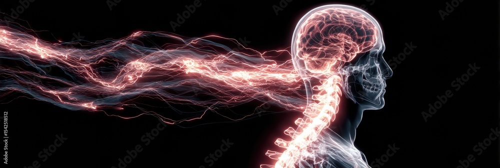 Aufkleber Energy Flow Tracing Along the Spine to the Brain With Dynamic Light Effects in a Dark Setting