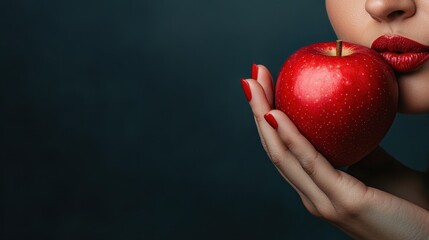 A close-up shot of a woman's lips, perfectly painted in bold red, gently holding a bright red apple, symbolizing temptation and the allure of beauty in an artistic composition.