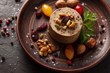 Top view close up of French foie gras on a brown plate with nuts pepper salt and dried fruits