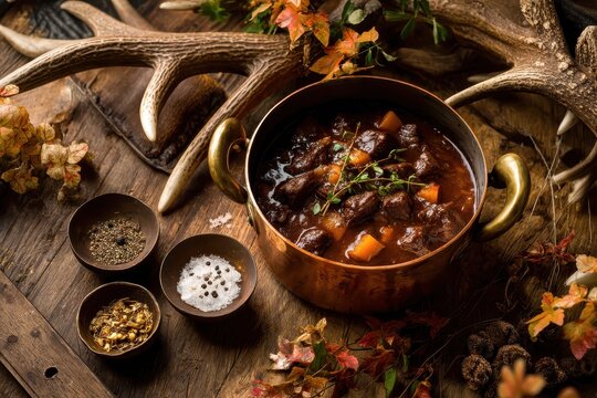 Deer meat stew in a copper pot accompanied by bowls of spices on a wooden surface bordered by antlers and foliage