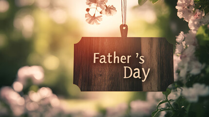 Wooden sign hanging amidst blooming flowers, displaying the words "Father's Day." 