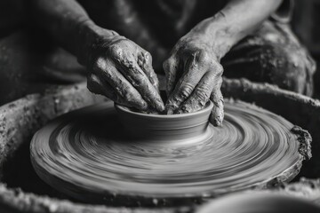 Woman s hands shaping a clay bowl on a pottery wheel Black and white photo of a potter at work