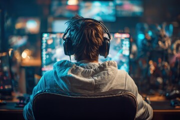 Young gamer in a dark room wearing headphones sits at a computer playing an action game