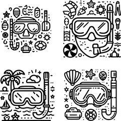 set of outline snorkel mask icon for summer vacation, perfect for beach or travel designs.