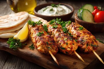 Chicken kofta skewers served with pita garlic sauce parsley lemon cucumber and tomato Shish kafta Traditional Middle Eastern dish Lebanese and Turkish cuisine Culinary photogra