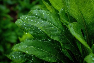 Rain falls on horseradish leaves on a rainy day