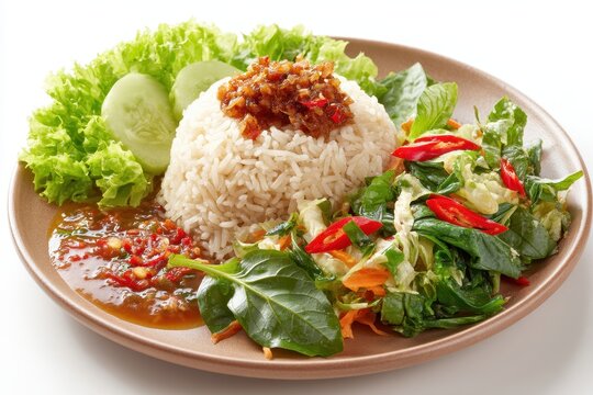 Single serving of pecel rice Ideal for menu listings Nasi pecel is a traditional Javanese dish featuring rice with pecel chili sauce and vegetables