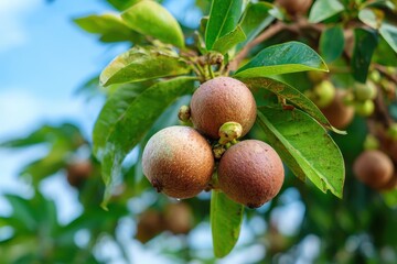 Fresh raw macadamia nuts growing in a garden waiting to harvest seeds from the tree