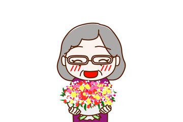 （上半身正面）お祝いの花束を笑顔で渡そうとする高齢の女性