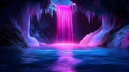 Magical pink waterfall in ice cave, fantasy background, game asset