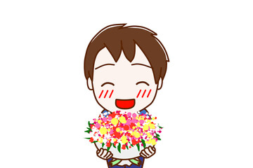 （上半身正面）お祝いの花束を笑顔で渡そうとする少年