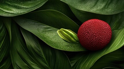 Obraz premium Deep green leaves frame a vibrant red sphere