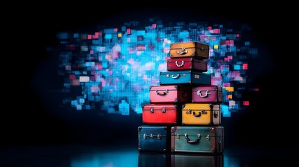 Colorful Suitcases Stacked, Digital Background, Travel Concept