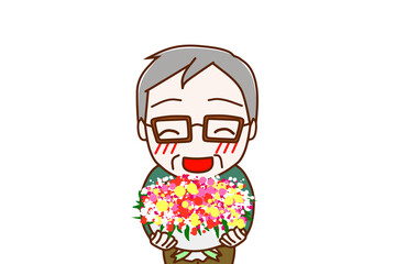 （上半身正面）お祝いの花束を笑顔で渡そうとする高齢の男性
