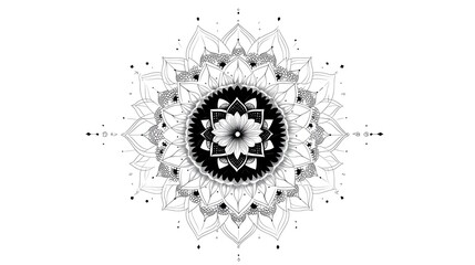 Monochrome Mandala design, intricate detail, white background, spiritual art, design element