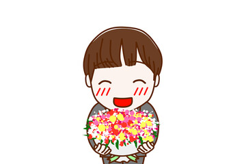 （上半身正面）お祝いの花束を笑顔で渡そうとする男子学生