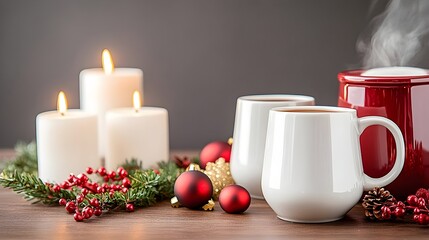 Fototapeta premium Cozy Christmas tea, candles, ornaments, wood table