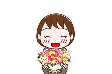 （上半身正面）お祝いの花束を笑顔で渡そうとする妊婦