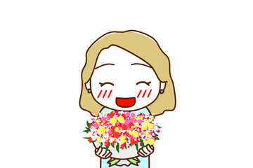 （上半身正面）お祝いの花束を笑顔で渡そうとする白人女性