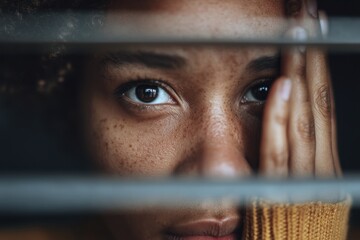 Terrified woman glancing out the blinds for her husband while seeking assistance