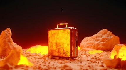 Fiery suitcase on alien planet, glowing rocks background