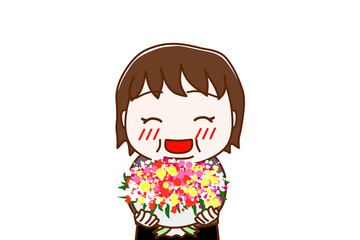 （上半身正面）お祝いの花束を笑顔で渡そうとする太った女性