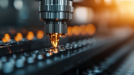 A dynamic close-up of a laser cutting head focused on precision machining, showcasing advanced technology in a modern manufacturing environment with orange highlights.