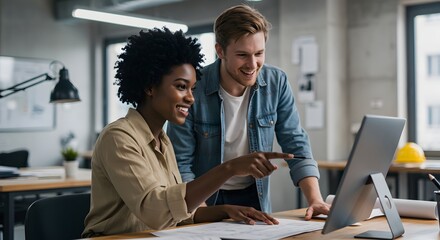 Collaborative Teamwork Modern Office Professionals Working Together on Computer Project