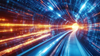Digital tunnel with glowing code, fast motion