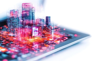 Digital city rising from laptop; futuristic tech