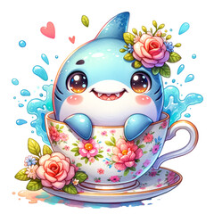 Charming Shark in Teacup: A delightful and adorable shark character sits in a floral teacup, surrounded by whimsical details like flowers, splashes of water, and a cheerful heart.