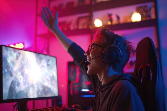 Young Asian male gamer enjoying a live streamed online tournament in a neon lit room