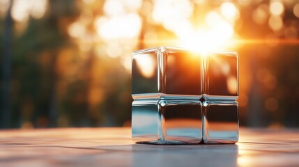 A polished metallic cube catches sunlight during sunset, showcasing beautiful reflections and vibrant colors, creating a captivating visual experience of warmth and serenity.