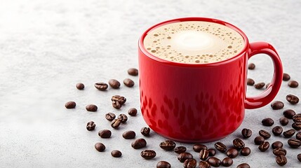Red mug of latte art, coffee beans, gray background, cafe menu