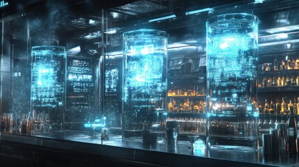 Futuristic bar with glowing holographic displays