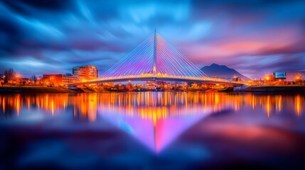 Illuminated cable bridge reflecting city sunset