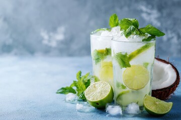 Fototapeta premium Tropical non alcoholic summer drink featuring a sweet coconut mojito or lemonade with coconut lime mint and sweet syrup plus optional rum