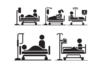 Hospital Bed Patient Icon Set Medical Silhouette Graphic Symbols
