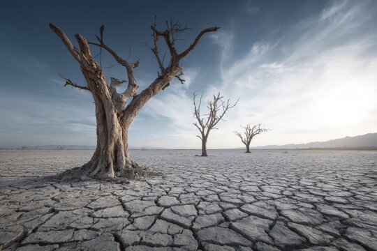 Desiccated trees on parched soil symbolize drought water scarcity and climate change