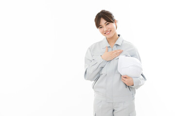 作業着を着た若い女性　　自信・信頼